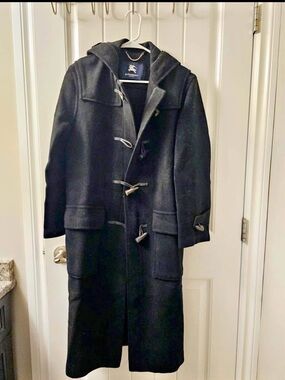 Burberry Black Hooded Wool Duffle Coat with Toggle Closures